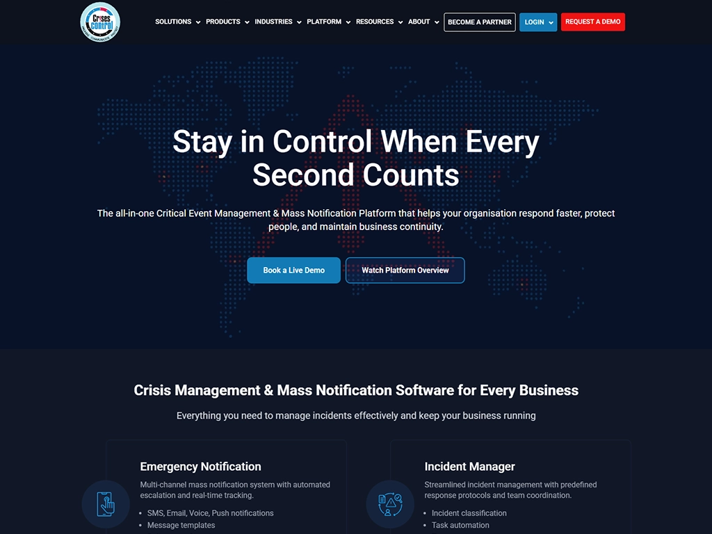 Crises Control website, a critical-event management SaaS marketing site