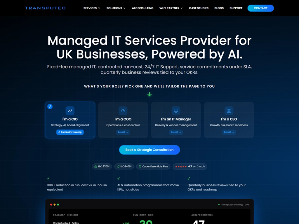 Transputec website, a corporate WordPress site built with Elementor Pro